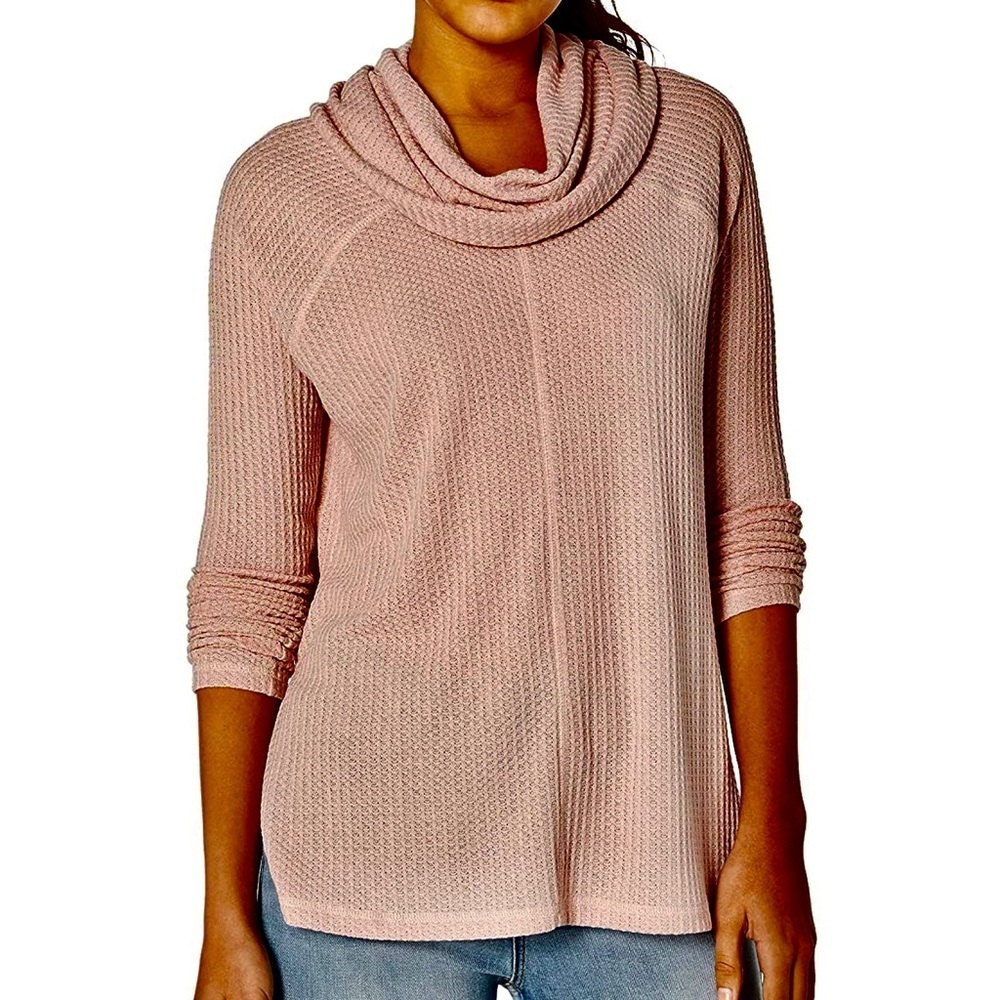 Free People Blush Pink Waffle Knit Cowel Neck Thermal Oversized Top